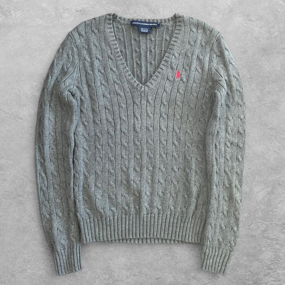 Vintage Ralph Lauren Sport Cable Knit V Neck Sweater Gray M
